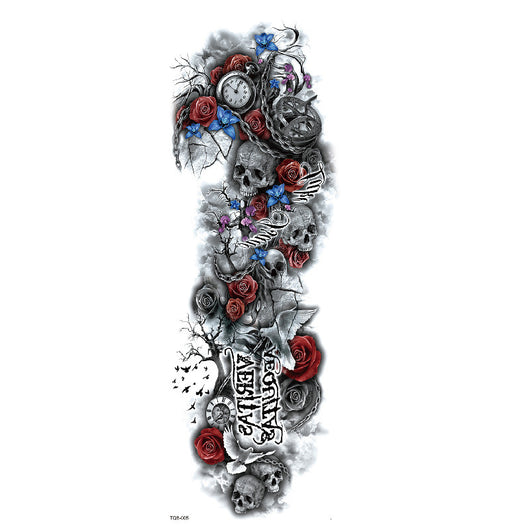 Full arm temporary tattoo sticker with a black, red, and light blue tribal design, featuring abstract shapes and patterns. - Image 10