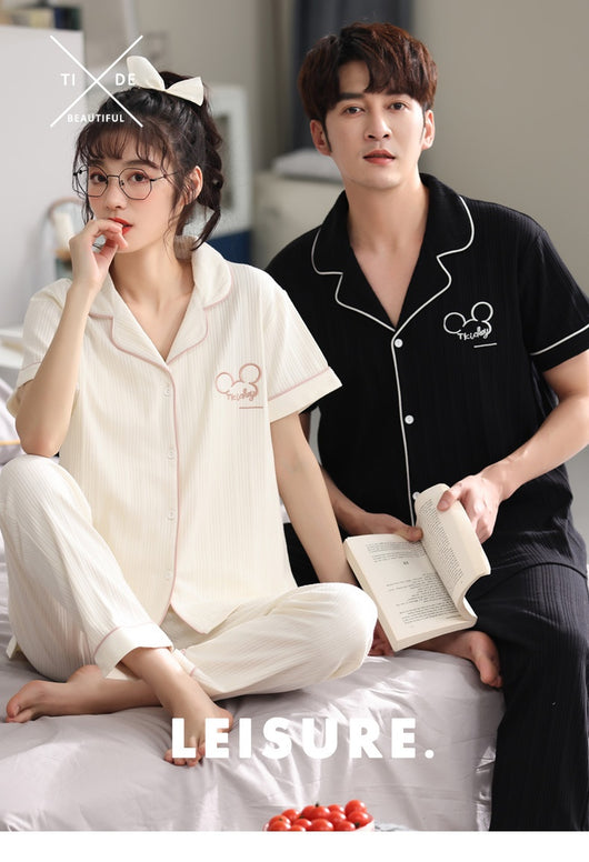 Matching red cotton couple pajamas with short sleeves, long pants, gold piping, and "Love you Dnaw" embroidery. - Image 15