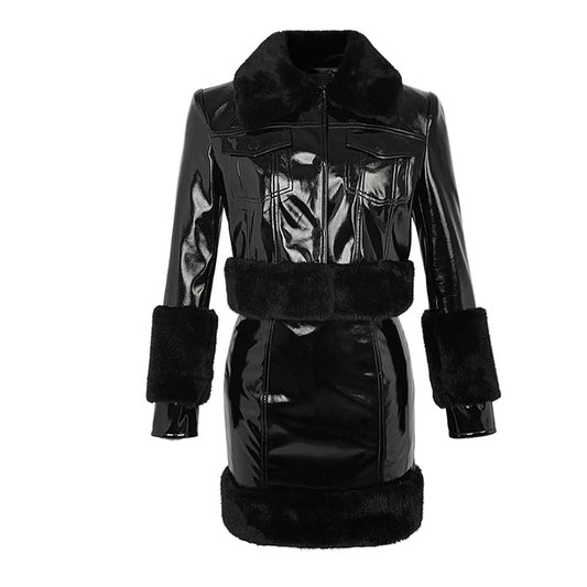 Conjunto Elegante: Chaqueta de Cuero Corta + Falda Tubo para Otoño e Invierno - Image 2