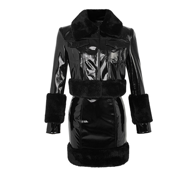 Conjunto Elegante: Chaqueta de Cuero Corta + Falda Tubo para Otoño e Invierno