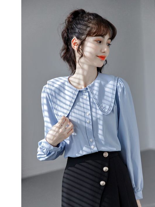 Blusa Cuello Bebé Azul Manga Larga Diseño Sofisticado para Mujer - Image 3