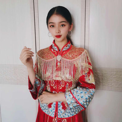 Chal Nupcial Rojo Dorado con Encaje y Borlas - Vestido Tradicional de Boda
