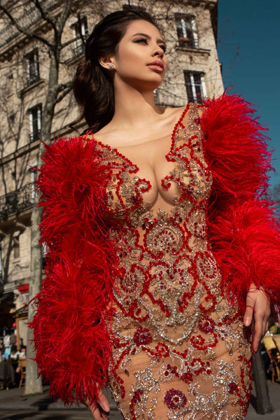 Vestido Largo de Manga Larga Rojo con Malla y Cristales - Image 6