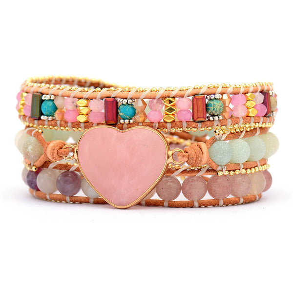 Pulsera de Cuero con Corazón de Cristal y Triple Vuelta