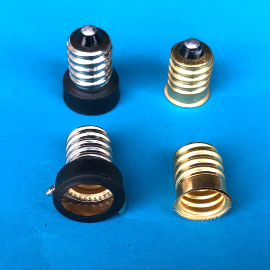 Gold copper E14 to E12 lamp holder adapter, shown with an E14 base and an E12 base.
