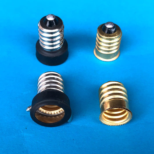 Gold copper E14 to E12 lamp holder adapter, shown with an E14 base and an E12 base.