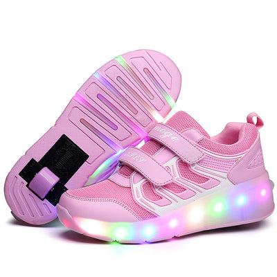 Blue and lime green girls' roller skates with light-up soles and retractable heel wheels. - Image 8