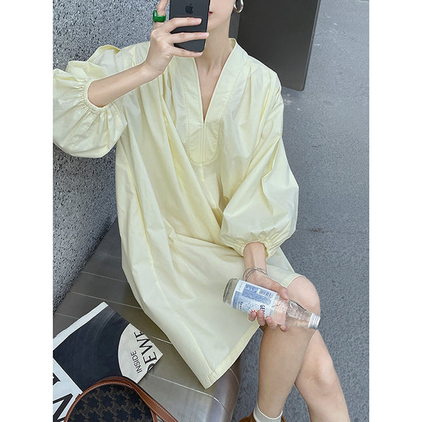 Vestido Camisero Mujer Hombros Caídos Cuello V Mangas Globo