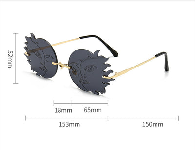 Orange sun-shaped rimless sunglasses with gold metal frames and black earpieces, featuring a smiling face design. - Image 9