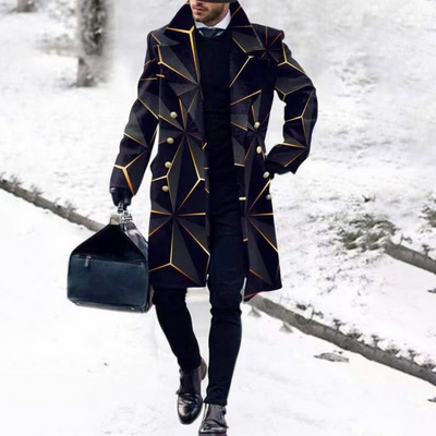 Abrigo Ejecutivo Negro con Estampado Geométrico y Solapas Tipo Trench - Image 2