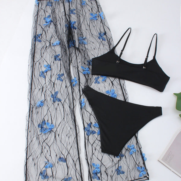 Conjunto de Bikini Transparente Negro con Mariposas - Tres Piezas