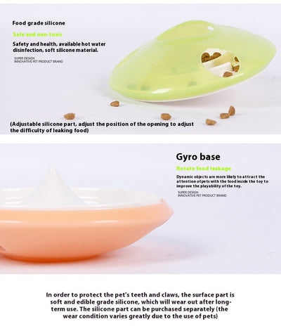 Green and white pet toy, a round food dispenser with multiple openings and a central spinning element for cats. - Image 10