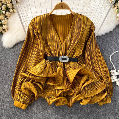 Blusa Suelta con Cuello V, Mangas Largas y Volantes en Bajo - Image 10