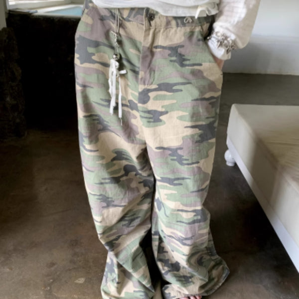 Pantalón Ancho Camuflaje con Cordón y Cintura Ajustable para Mujer