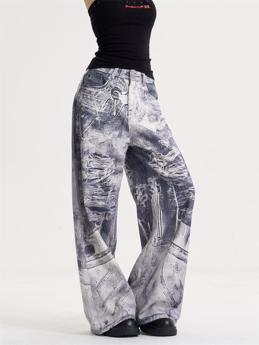 Jeans Rectos Oversize Vintage Desteñidos con Estampado Degradado para Mujer - Image 11