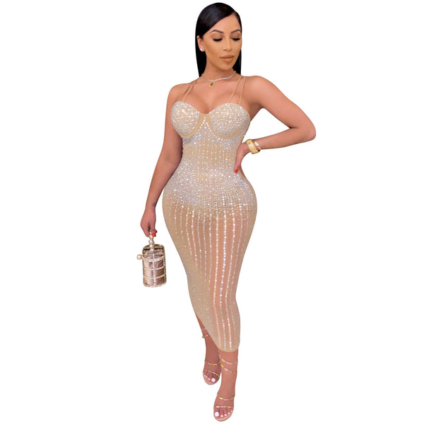 Vestido de Fiesta Mesh Transparente con Strass y Tirantes Ajustables - Image 8