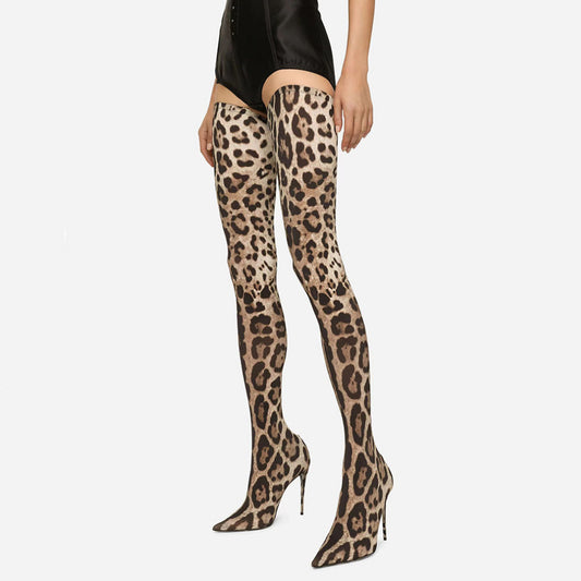 Botas Altas Hasta la Rodilla con Estampado Leopardo y Tacón Aguja