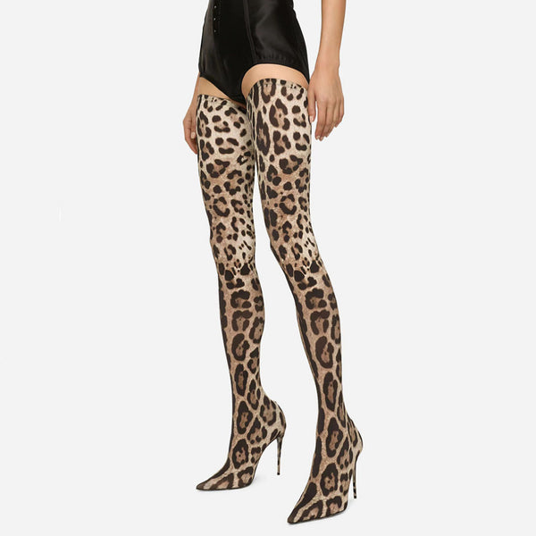 Botas Altas Hasta la Rodilla con Estampado Leopardo y Tacón Aguja