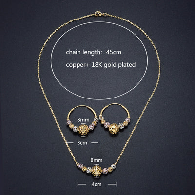 Multicolor cutout round beads necklace and matching hoop earrings set with gold, silver, and purple beads. - Image 2