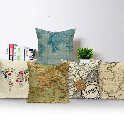 Funda de Almohada Retro con Mapa del Mundo Europeo - Cojín Decorativo Estilo Marroquí en Lino