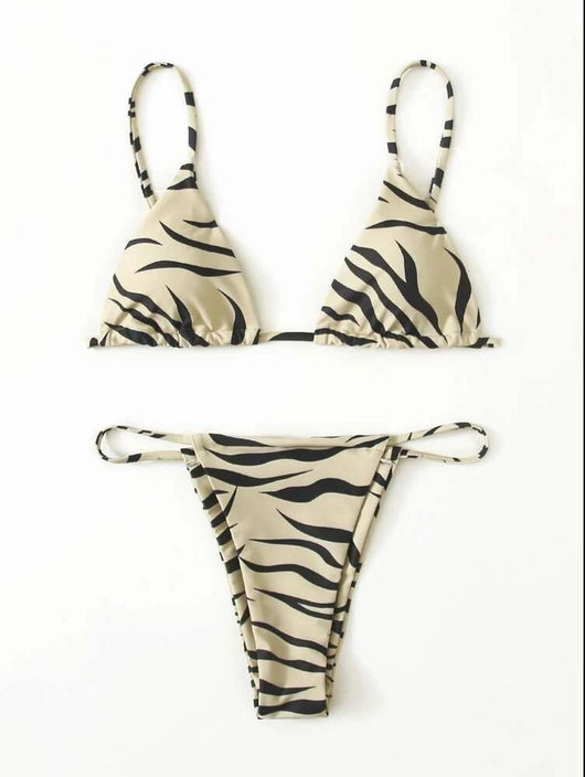 Pink and orange zebra print two-piece bikini with triangle top and high-cut tie-side thong bottom. - Image 3