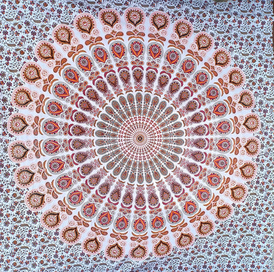 Blue, orange, and red mandala tapestry with intricate floral patterns, ideal for wall decor or dorm rooms. - Image 5