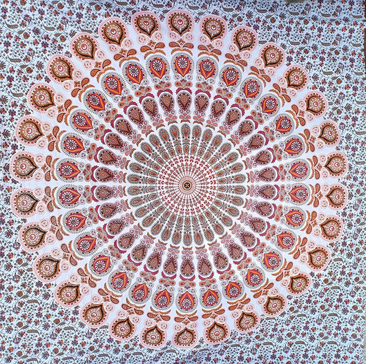 Blue, orange, and red mandala tapestry with intricate floral patterns, ideal for wall decor or dorm rooms. - Image 5