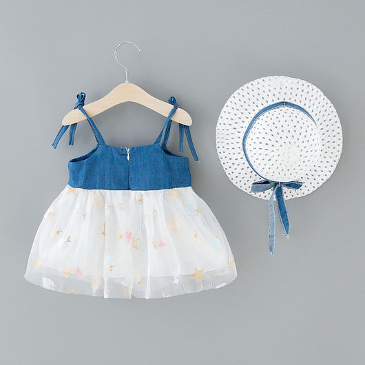 Vestido Infantil Denim con Detalles de Malla y Tirantes - Image 17
