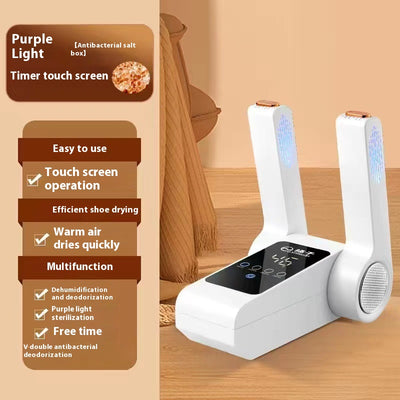 White household shoe dryer with retractable arms, digital display, and control knob, on a light wood floor. - Image 10