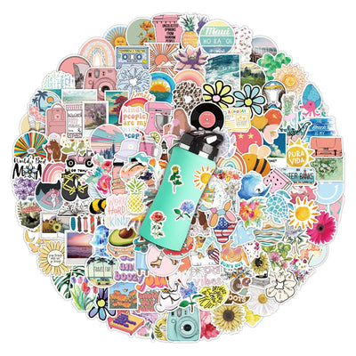 200 assorted waterproof PVC stickers featuring diverse designs like sunflowers, butterflies, rainbows, travel scenes, and positive quotes. - Image 13