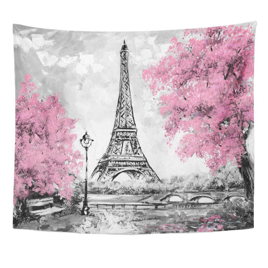Printed tapestry featuring a black and white Eiffel Tower with vibrant pink cherry blossom trees in an impressionistic style.
