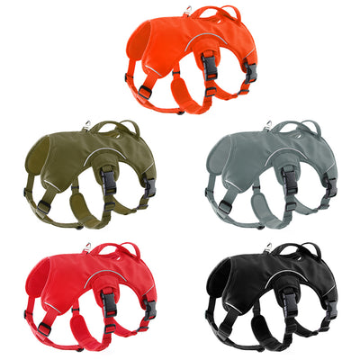 Orange dog harness with reflective trim, black buckles, and a top handle, designed for large dogs. - Image 3