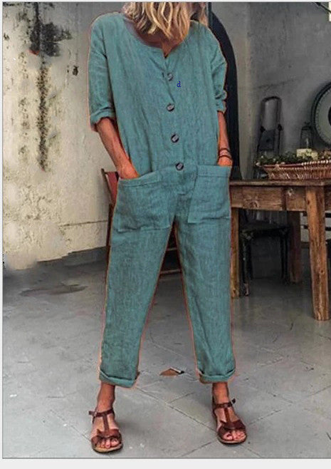 Jumpsuit Largo con Bolsillos y Color Sólido - Image 11