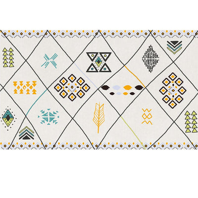 Rectangular area rug with white background and horizontal stripes of black, teal, and yellow tribal patterns. - Image 39