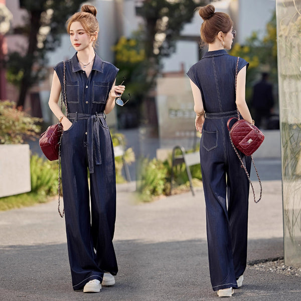 Jumpsuit Denim Ajustado sin Mangas en Tencel para Mujer