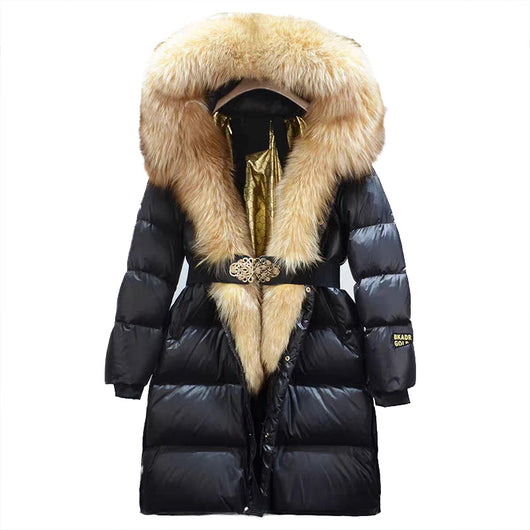 Chaqueta de Pato con Plumón y Cuello de Zorro Real - Abrigo Cálido Dorado Negro - Image 5