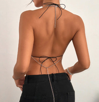Conjunto de Dos Piezas: Top Halter Fishnet con Strass y Detalles Metálicos - Image 4