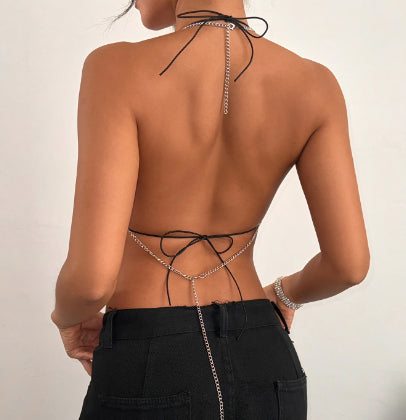 Conjunto de Dos Piezas: Top Halter Fishnet con Strass y Detalles Metálicos - Image 4