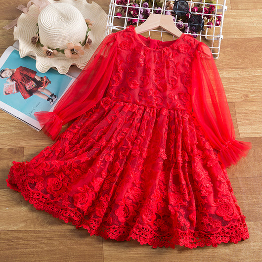 Vestido Infantil Largo de Encaje Princesa con Manga Larga - Image 9