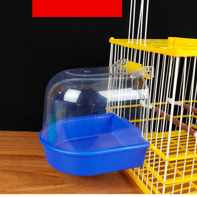 Clear plastic bird bath with a blue base, designed to attach to a yellow and white bird cage. - Image 3