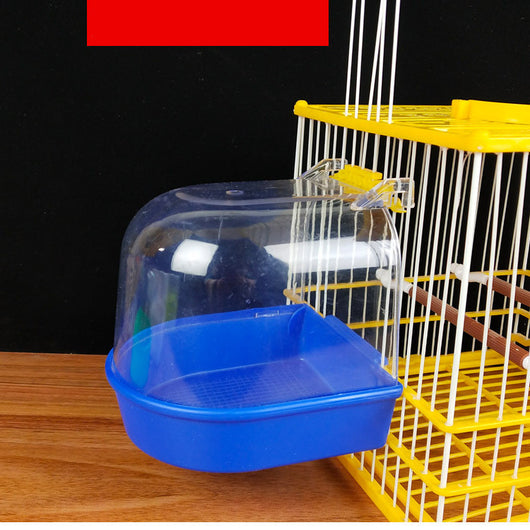 Clear plastic bird bath with a blue base, designed to attach to a yellow and white bird cage. - Image 3