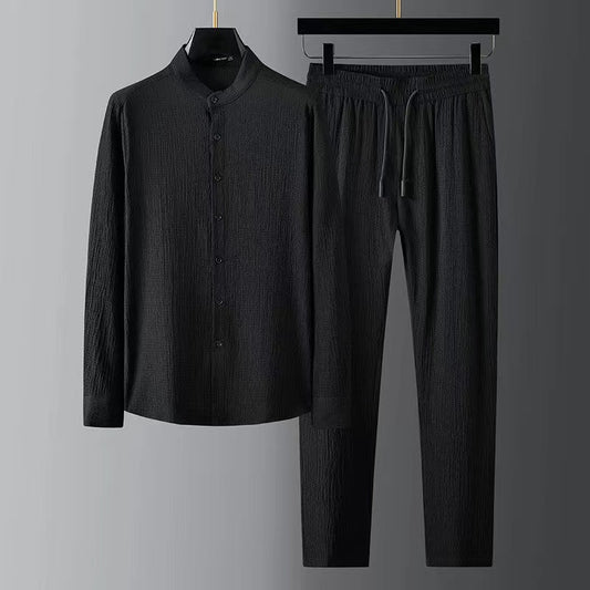 Camisa Casual Seersucker a Rayas para Hombre - Cuello Mao Ligera Perfecta para Verano - Image 2