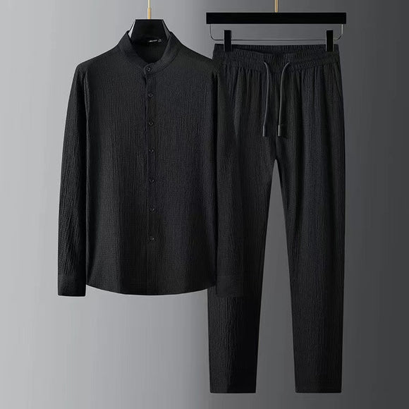 Camisa Casual Seersucker a Rayas para Hombre - Cuello Mao Ligera Perfecta para Verano