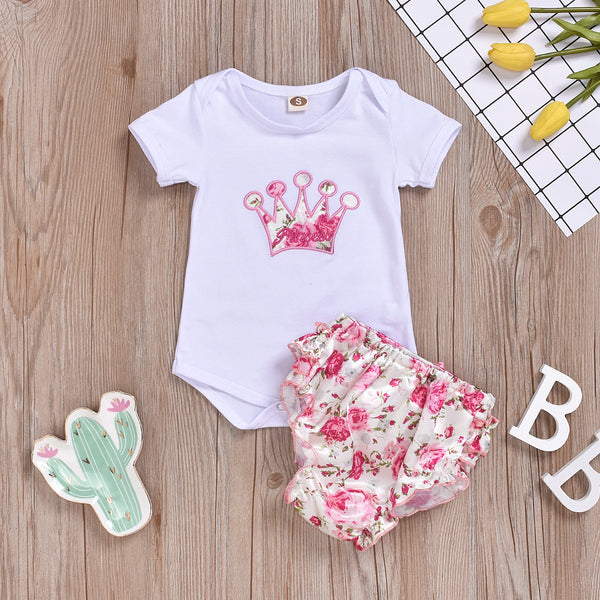 Conjunto de Dos Piezas: Falda Floral con Corona Bordada para Niñas