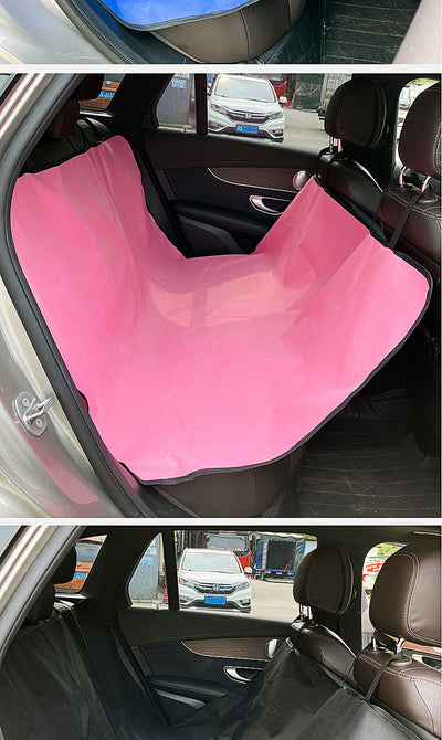 Pink car pet mat with white paw print and bone patterns, featuring black straps for securing to a rear seat. - Image 30