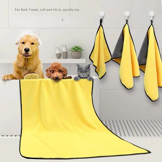 Yellow microfiber pet drying towel with black trim draped over a bathtub, with a golden retriever, poodle, and cat. - Image 17