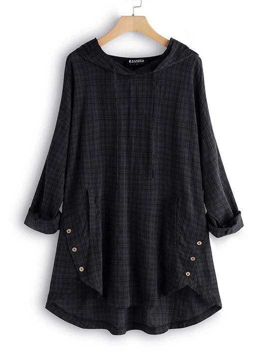 Sudadera Hoodie Asimétrica a Cuadros para Mujer - Talla Grande