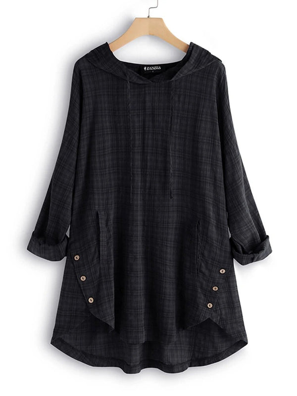 Sudadera Hoodie Asimétrica a Cuadros para Mujer - Talla Grande