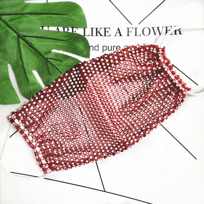 Rose red mesh decorative mask adorned with sparkling rhinestones, featuring a hanging ear design for women. - Image 8