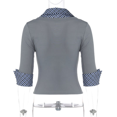 Blusa Cuello Alto Manga Larga con Estampado Patchwork Cuadros - Image 26